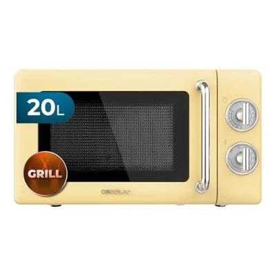 Imagen de Cecotec Microondas Mecánico con Grill de 20 L Proclean 3110. 700 W en 6 Niveles, Temporizador hasta 30 Minutos, Modo Descongelación, Diseño Vintage Amarillo, Acabados Acero