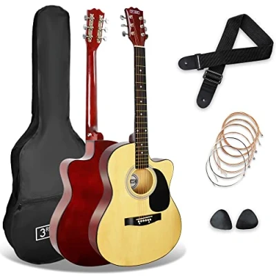 Imagen de 3rd Avenue Pack de guitarra acústica con cortadura tamaño estándar 4/4 para principiantes Avenue, funda transporte, púas y cuerdas repuesto, Natural