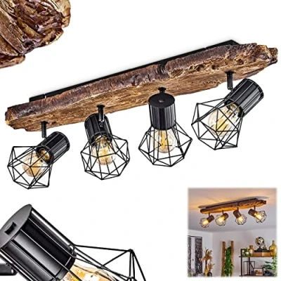 Imagen de lámpara de techo Bardhaman, metal en aspecto negro/madera, punto diseño retro/vintage con pantallas ajustables celosía efecto luminoso, 4 luces, E27, sin bombilla(s)