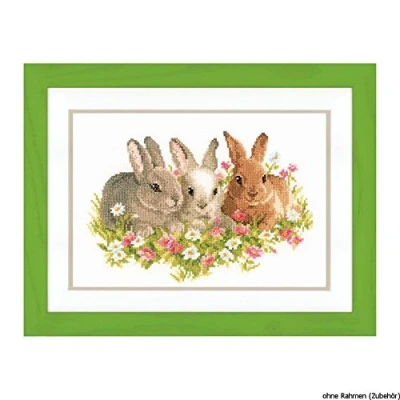 Imagen de Vevaco Kits De Punto Cruz Contado Cuadros Decoracion DIY Creativo Kit CONEJOS EN CAMPOS FLORES Manualidades Arte Pared Bordar Principiantes Regalo ca. 27 x 18 cm Cross Stitch Embroidery