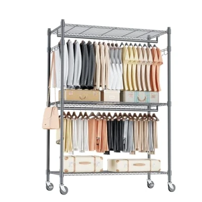 Imagen de Himimi Perchero Doble con Estantes Ajustables en Altura, Resistente 2 Ganchos, Rieles de Ropa Ruedas, 90 * 42 205cm, Gris