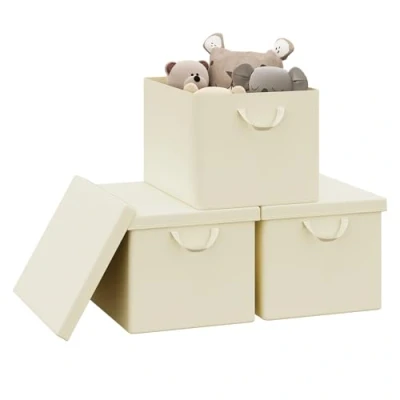 Imagen de WOLTU Cajas de Almacenaje con Tapa, Juego 3 Plegables, Organizadoras Asas, Tela, Cestas Resistentes para Ropa y Juguetes, Crema, 48x30x36 cm, ABB04cm