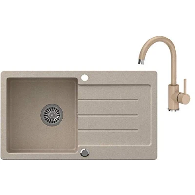 Imagen de VBChome Fregadero de granito beige 77 x 44 cm, empotrable, reversible, con sifón