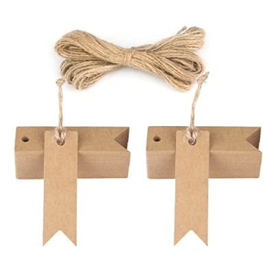 Imagen de jijAcraft Etiquetas Regalo de Papel Kraft 7x2 cm, 100 Uds Artesanía y 20 Metros Cuerda Yute, para Boda Navidad Cumpleaños (Marrón)