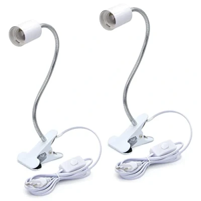 Imagen de Portalámpara E27 con Clip 2 Piezas, Lampara Pinza Interruptor y EU Enchufe, Lectura Cuello de Cisne Flexible Ajustable 350 mm para Cabecera Cama, Escritorio, Tatuaje, Plantas