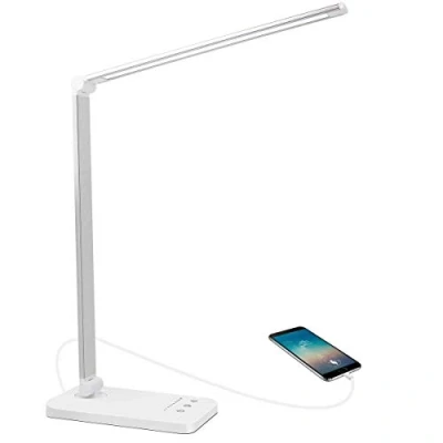 Imagen de AUELEK Lámpara de mesa LED con carga USB para smartphone, 5 temperaturas color y 10 niveles luminosidad, control táctil, función memoria