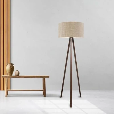 Imagen de lux.pro Lámpara de Pie Trípode Luz Iluminación Salón 1xE27 20 W MDF 100% Poliéster 21 x Ø 38 cm Altura 140 Efecto Madera/Marrón Claro