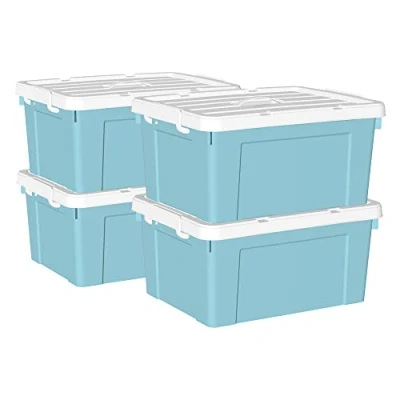 Imagen de Cetomo 45L*4 Caja de Almacenamiento con Asa, Plástico Tapa y Cierre Seguro, Contenedor Grande, Duradera, Apilable, Resistentes, Azul, Paquete 4 45L
