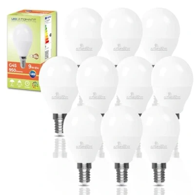 Imagen de LED ATOMANT Pack 10x Bombilla E14 G45 9W, Color Blanco Calido (3000K), 950 Lumenes, Casquillo fino, Equivalente a 80W tradicional