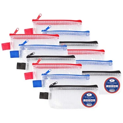 Imagen de Mini Tuff Bag Cartera con cremallera de plástico transparente cremallera, estuche para lápices, resistente al agua, bolsas malla reforzadas (Mini 12 unidades)