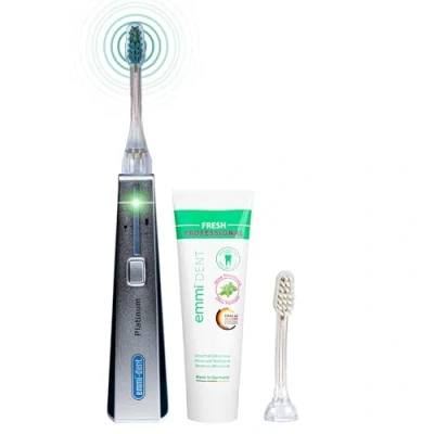 Imagen de emmi® dent Platinum Cepillo de Dientes Eléctrico Ultrasónico (Set Básico Carbon) I Ideal para y Encías Sensibles Cepillado Óptimo sin Frotar Hasta 15 Días Batería