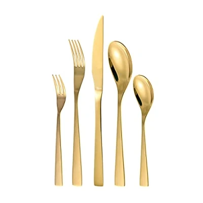 Imagen de Otto Koning Berlín Juego de Cubiertos Acero Inoxidable 30 Piezas Chapado en Titanio Dorado y Pulido Brillante, Espesor 4 mm Cuchillo Chuletero. Una Cubertería Moderna para 6 Personas