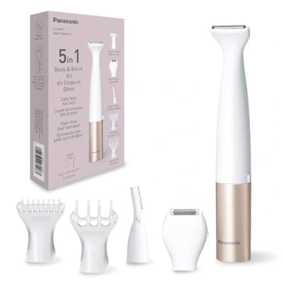 Imagen de Panasonic ES WM31 en 1 Kit para Cuerpo y Zona Del Bikini, Depiladora, Afeitadora, Recortadora de la 5 Accesorios, Resistente Al Agua IPX7, Seco Húmedo, Pilas (1 AA), Oro Blanco