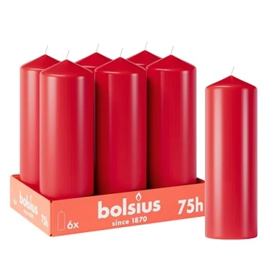 Imagen de Bolsius Velas lisas Rojo 6 unidades 20 x 7 cm decorativas para el hogar Tiempo de combustión 75 horas Sin perfume Contiene cera vegetal natural aceite palma