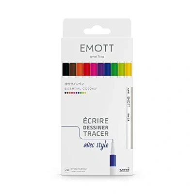 Imagen de Emott Uni Ball Mitsubishi Pencil Essential Colors 10 rotuladores, para escribir, dibujar y trazar, punta de 0,4 mm, azul, rojo, verde, rosa, fucsia, marrón, naranja, negro, amarillo, verde claro