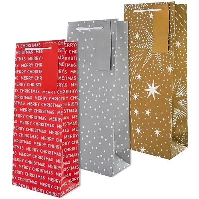 Imagen de Hallmark Bolsas de regalo para botellas Navidad, 3 diseños festivos, paquete 3, rojo, dorado, plateado