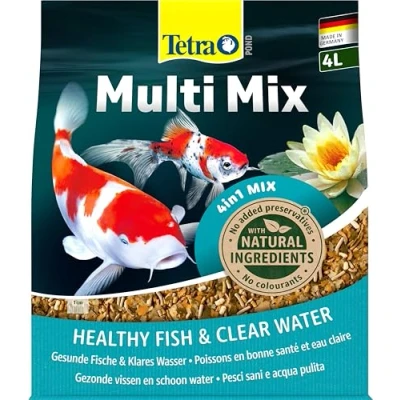 Imagen de Tetra Pond Multi Mix, comida para varios peces de estanque con cuatro tipos (barritas, wafers, escamas y gammarus), bolsa 4 L