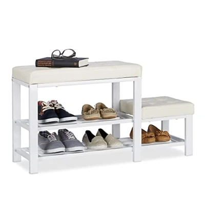 Imagen de Relaxdays Banco Zapatero con Taburete y 2 Niveles, Piel sintética Metal, Blanco, 50 x 90 30,5 cm, Hierro, 5 30 cm