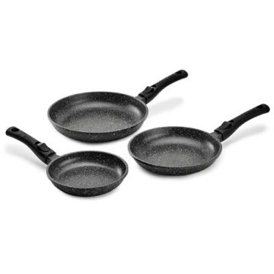 Imagen de Pradel Excellence PCUI001032 Juego de 3 sartenes aluminio fundido premium Ø20,24,28 cm Revestimiento antiadherente forma piedra Mangas extraíbles todo fuego, negro