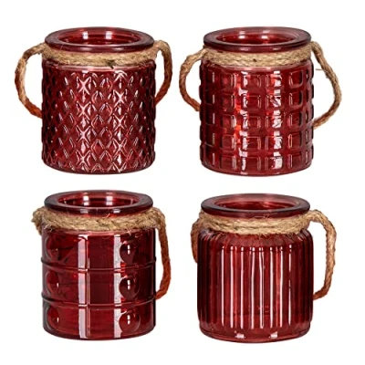 Imagen de levandeo Juego de 4 portavelas (10 cm altura, cristal, burdeos, rojo, decoración mesa, velas decorativas, lino