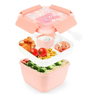 Imagen de Farerkass Fiambrera Infantil,1100MI Lunch Box, Bento Box con 3 Compartimentos y Cubiertos, Lunchbox para Adultos Niños, Lonchera Escuela, Picnic, Oficina (Rosa)