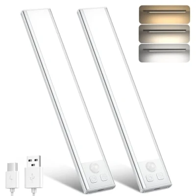 Imagen de OUILA Luz de Armario con Sensor Movimiento,20.5CM Recargable Nocturna temperatura 3 colores,Regulable Lampara LED Adhesiva para Gabinete, Pasillo, Escalera, Sótano, Cocina, Garaje 2PCS