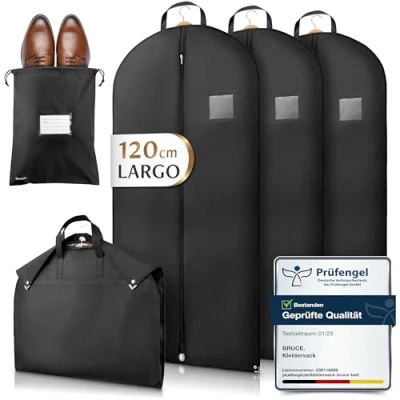 Imagen de Bruce.® 3x Fundas Ropa Armario 120x60cm con 1x Bolsa de Zapatos, Antipolillas Almacenaje 120 GSM, Porta trajes Caballero o Mujer para Viaje, Bolsas Guardar Colgada Cremallera
