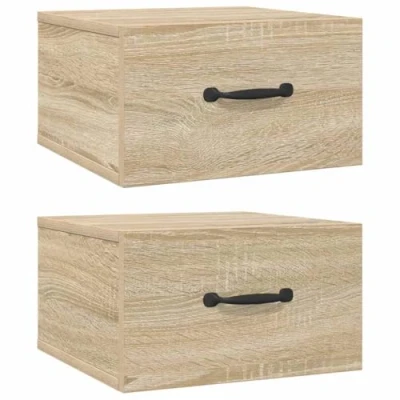 Imagen de vidaXL 2X Mesitas de Noche Pared Flotante Mueble Cajón Auxiliar Dormitorio Armario Espacio Almacenamiento Decorativa Hogar Cama Color Roble