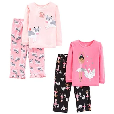 Imagen de Simple Joys by Carter&#039;s Pijama de 4 Piezas (Parte Superior Algodón y Parte Inferior Felpa) Niña, Negro Bailarina/Rosa Claro/Rosa Vaca/Cisnes, años
