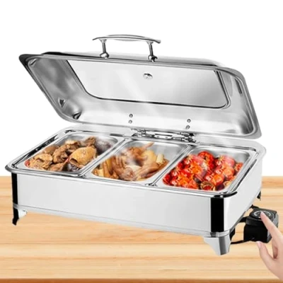 Imagen de BOVDC Chafing Dish Electrico, 9L Calentador de Comida Electrico para Buffet Acero Inoxidable, Temperatura Regulable con Tapa Visible(A, 1/3 Pan)