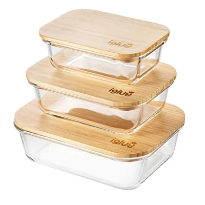 Imagen de Igluu Meal Prep Set de 3 Envases Vidrio con Tapas Bambú Respetuosos el Medio Ambiente, Apilables, Fiambrera Hermética, Libre Plásticos (con bandas elásticas)