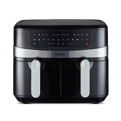 Imagen de Tower T17088 Freidora de Aire Dúo Basket con Función Finalizado Inteligente: Air Fryer Tecnología Vortx Circulación Rápida: Sin Aceite 9 L, 2600 W, Negro
