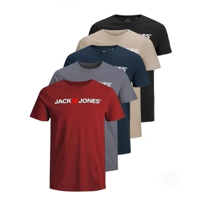 Imagen de JACK &amp; JONES Camiseta para hombre con estampado en paquete de ventajas cuello redondo, logotipo JJECORP Tee SS Crew Neck, Pack 5 (Pack B), XL