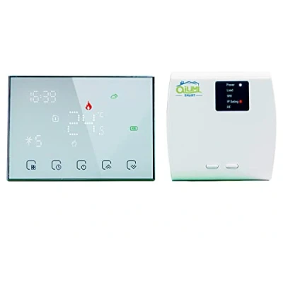Imagen de Qiumi RF Smart Wifi Termostato inalámbrico para calefacción individual de caldera gas/agua funciona con Alexa Google Home Dry Contact, pantalla luz matricial LED, 3A 2AA batería