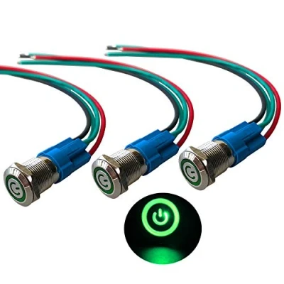 Imagen de QitinDasen 3Pcs Premium 12V / 24V 3A Interruptor de Botón Autoblocante, 12mm Metálico, LED Verde Pulsador Impermeable IP66 con Enchufe Cable