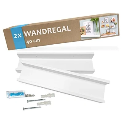 Imagen de PHOTOLINI Juego de 2 estantes para Cuadros MDF Blanco 40 cm Incl. Material Montaje/Tablero galería/Tablero estantería/Estante Pared/Tablero