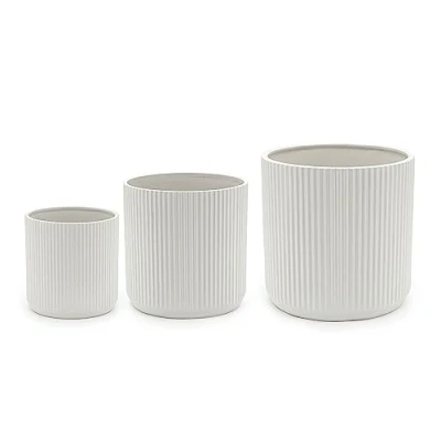 Imagen de Amazon Basics Redondo Macetas de cerámica, varios tamaños, estriada, Paquete 3, 15.2, 20.3, y 25.4 cm, Color Blanco