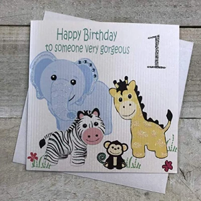 Imagen de White Cotton Cards Tarjeta de felicitación Primer cumpleaños, diseño Safari