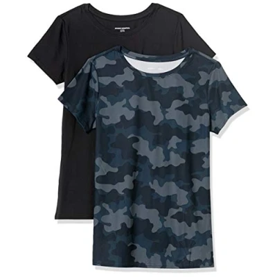 Imagen de Amazon Essentials Camiseta técnica elástica de Manga Corta y Cuello Redondo (Disponible en Tallas Grandes) Mujer, Pack 2, Azul Marino Camuflaje/Negro, XS