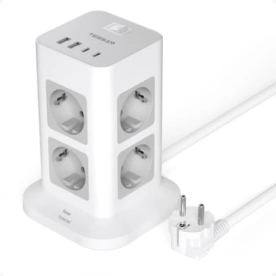 Imagen de TESSAN 12 en 1 Regleta Enchufes, 1700J Torre Enchufes Vertical Proteccion Sobretension, 8 Tomas y 4 USB con Interruptor, Cargador C 2M Extension Electrica para Casa, Oficina, 3600W