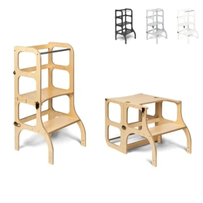 Imagen de Ette Tete Step’n’Sit® Montessori Torre Mesa de Aprendizaje Convertible Multifuncional 2 en 1 (con Cierres latón Antiguo, Madera)