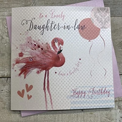 Imagen de White Cotton Cards Tarjeta de cumpleaños Hecha A Mano con diseño flamencos Rosados Happy Birthday To Lovely Daughter in Law, BD90, Algodón, Blanco, 16cm x