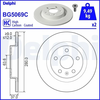 Imagen de DELPHI BG5069C Disco de freno 280 12 5 macizo revestido altamente carbonizado con cojinete rueda, sin anillo sensor ABS VOLVO: XC40