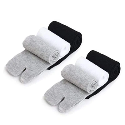 Imagen de Flip Flop calcetines de algodón elástico del dedo pie pulgar separado elegante la diversión casual Tabi Paquete 3 (Negro + blanco gris)