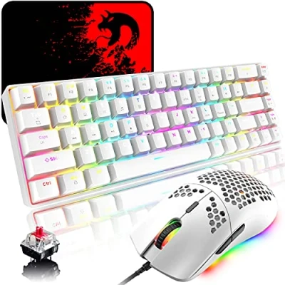 Imagen de RGB Teclado y Raton Gaming, 68 Teclas Interruptor Rojo 60% Mini Mecánico QWERTY, 6400DPI Ajustable Programable Panal Ligero Mouse, USB Cableado, Compatible con Windows Mac PS4 Xbox, Blanco