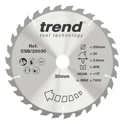 Imagen de Trend CraftPro Hoja de sierra circular Rip TCT para sierras mesa, 250 mm x 30 dientes diámetro interior, punta carburo tungsteno, CSB/25030