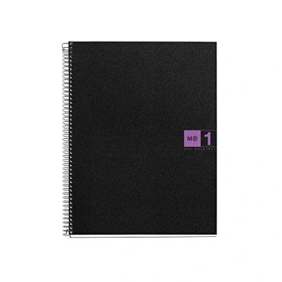 Imagen de Miquelrius Cuaderno Notebook The Original, Tamaño A4, 80 Hojas de 70 g/m² y 1 Franja Color, Rayado Cuadrícula 5 mm, 4 Taladros, Cubierta Polipropileno, Color Negro/Violeta