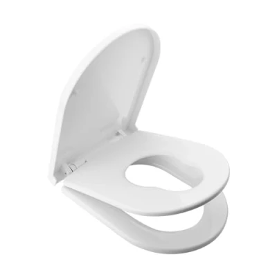 Imagen de Ibergrif M41001 2 Tapa WC Universal, Asiento de Inodoro Familiar con Cierre Suave en Forma D Liberación Rápida, Fácil Limpiar, Blanco