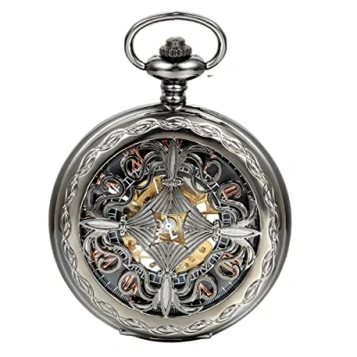 Imagen de JewelryWe Reloj de Bolsillo mecánico Cuerda Manual, clásico Retro Bronce, Pantalla Dual Hueco, Antiguo (E)