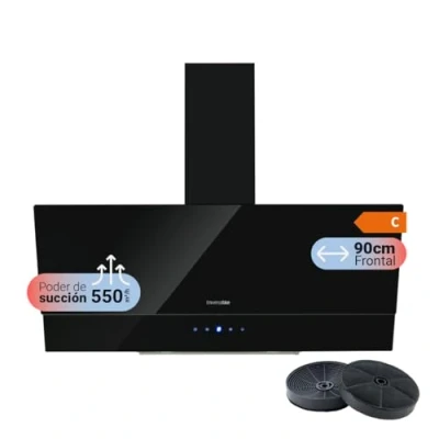 Imagen de UNIVERSALBLUE Campana Extractora Cristal Negra 90cm Extractor Humos y Aire Eléctrico para Cocina Control Táctil Ruido Reducido Filtros de Carbono Fácil Limpieza Luz LED Clase C